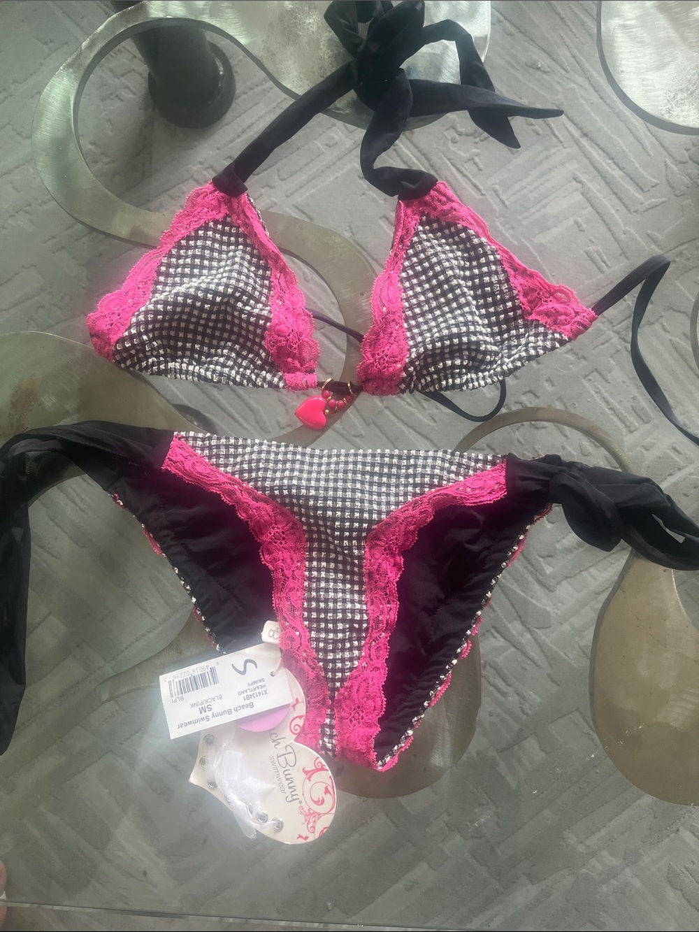 Beach Bunny Black & Hot Pink Gingham Lace-Trim Bikini
